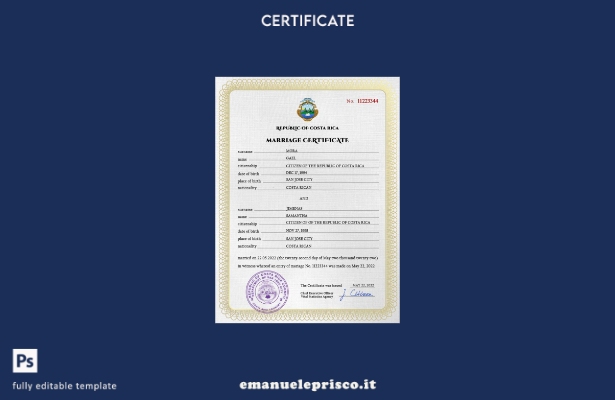 Modello PSD del certificato di matrimonio della Costa Rica in stile verificato